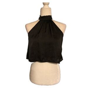 Solemino Womens Solid Black Satin Halter Tank Crop Top Medium